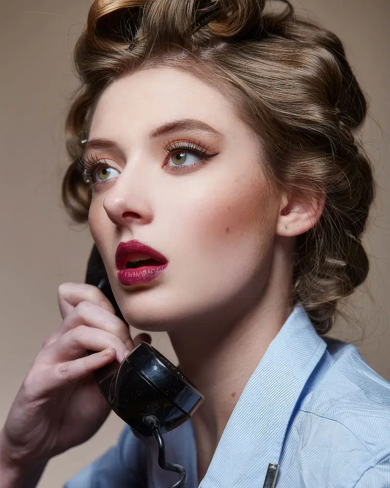 A woman with red lips wearing a blue shirt is engaged in a conversation on a telephone.